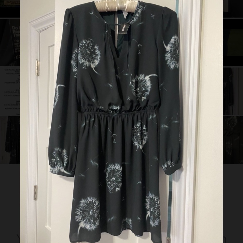 Express Dress. XS Charcoal Grey w/ Dandelion Flower Print. Elastic Waist. Lined.